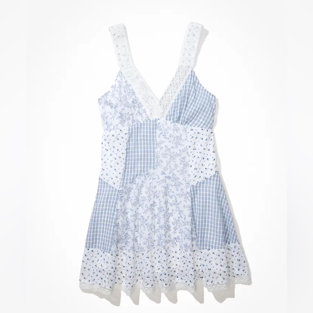 American Eagle Lace Inset Blue and White Patchwork Dress